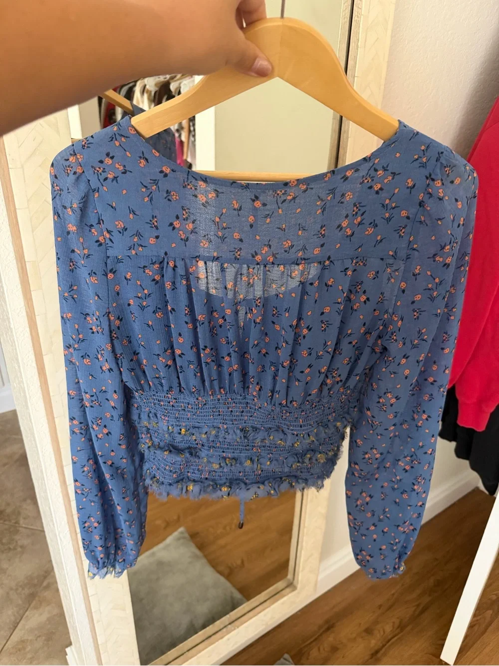 Free People Blue Floral Smocked Long-Sleeve Crop Top